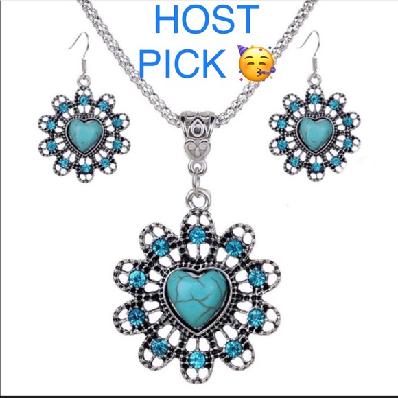Jewelry - Tibetan Silver Hollow Out Turquoise Necklace and Earrings Jewelry Set